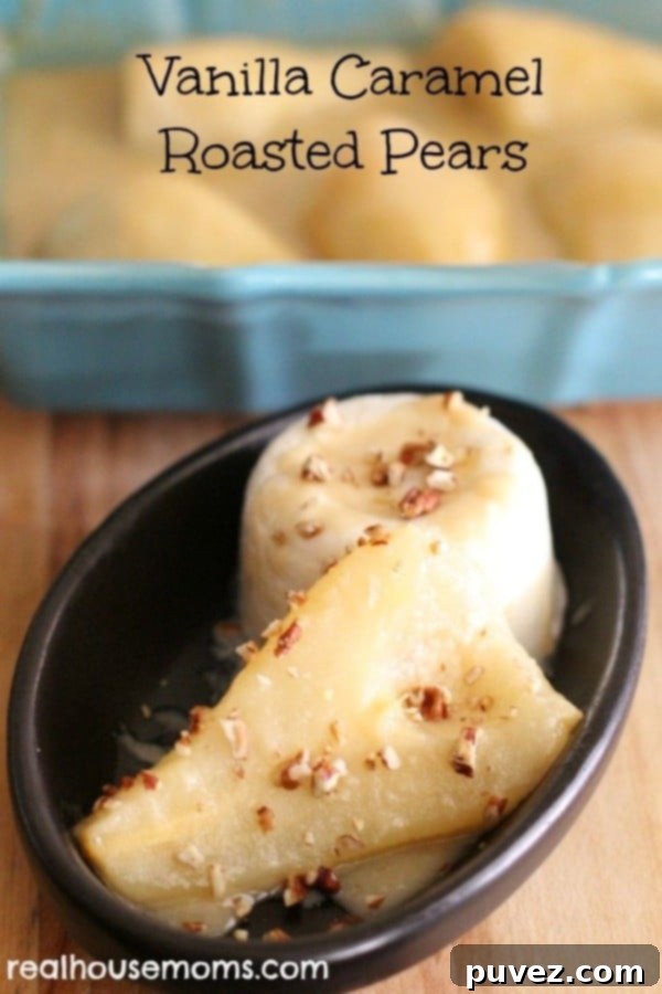 Vanilla Caramel Roasted Pears in a baking dish.