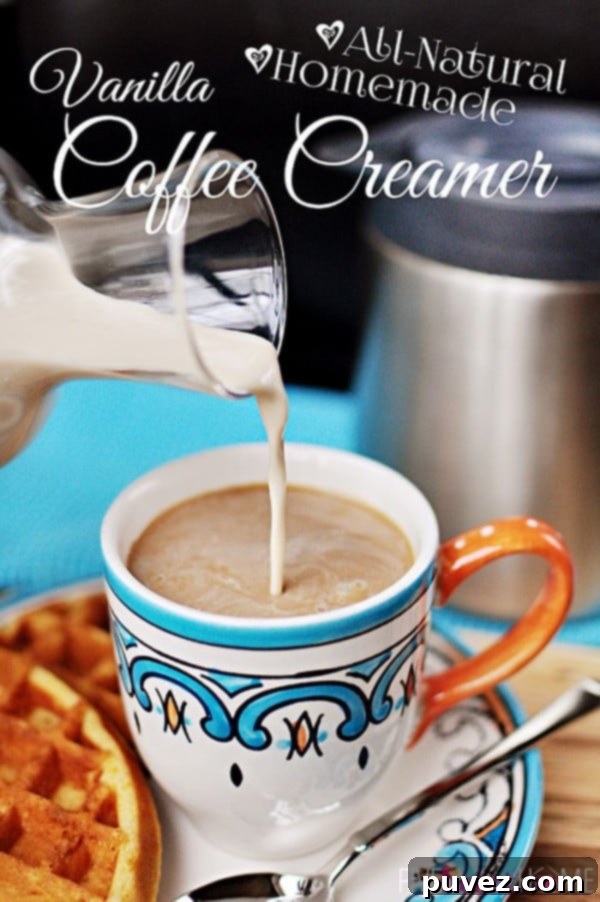 All-Natural Homemade Vanilla Coffee Creamer in a glass bottle with a vanilla bean.