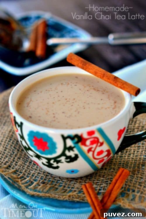 Homemade Vanilla Chai Tea Latte in a clear mug.