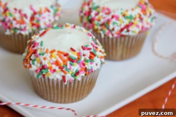 Vanilla Funfetti Cupcakes with white frosting and rainbow sprinkles.