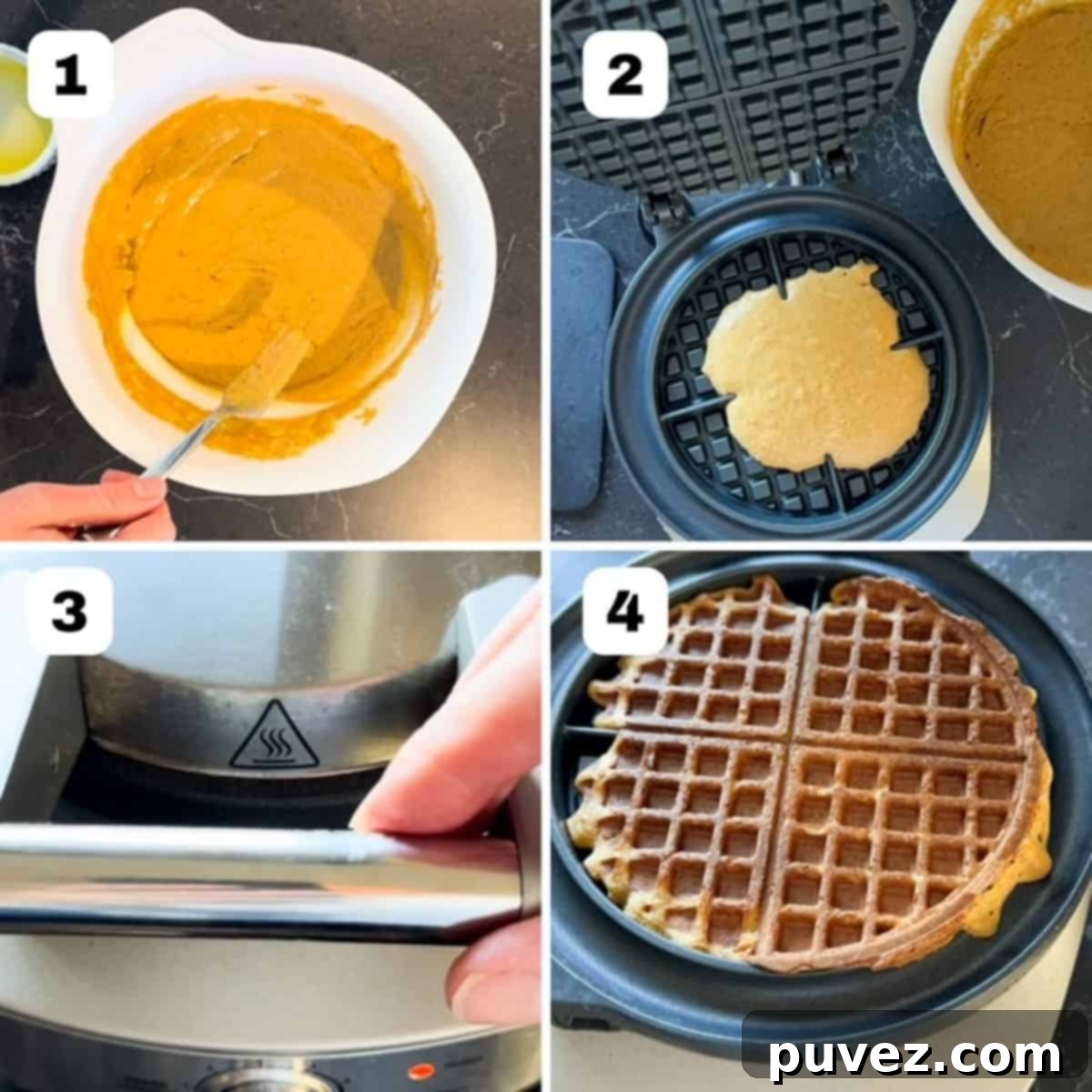 Cozy Autumn Whole Wheat Pumpkin Waffles Recipe 4 Four process images showing steps on how to make pumpkin waffles using a waffle iron.