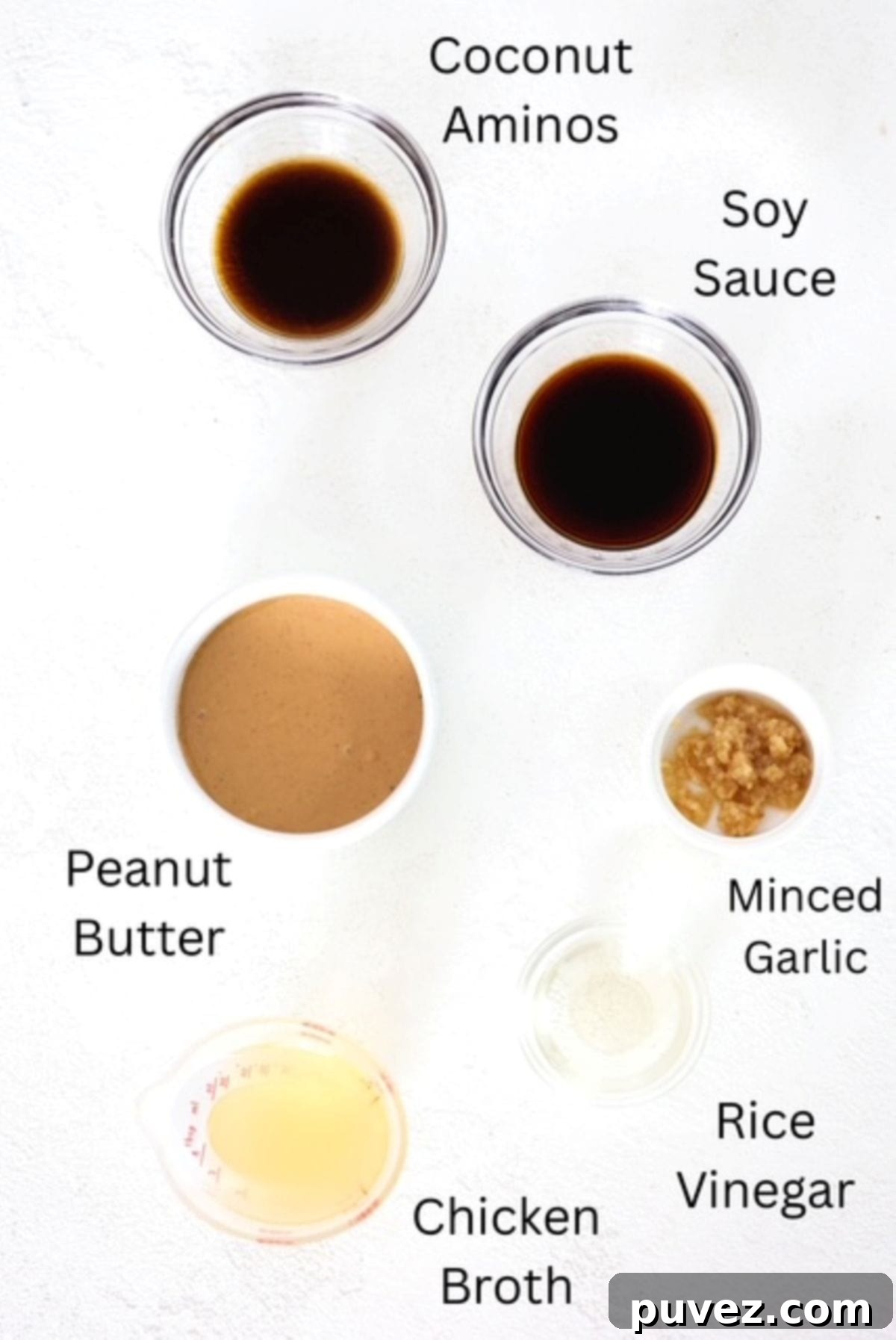Ingredients for a Peanut Butter Sauce recipe, labeled.