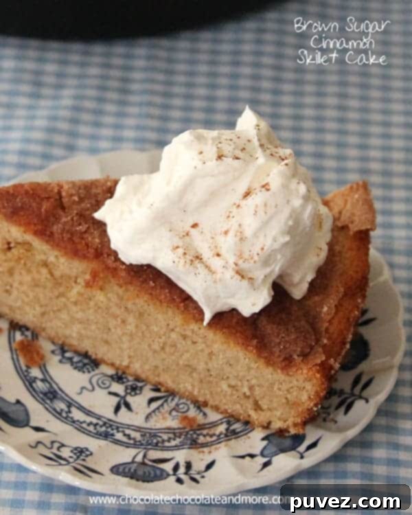 Delicious Brown Sugar Cinnamon Skillet Cake with whipped cream topping.