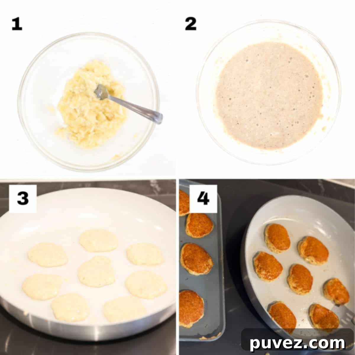 Four numbered images showing the simple process of how to make mini banana pancakes, from mashing to cooking.