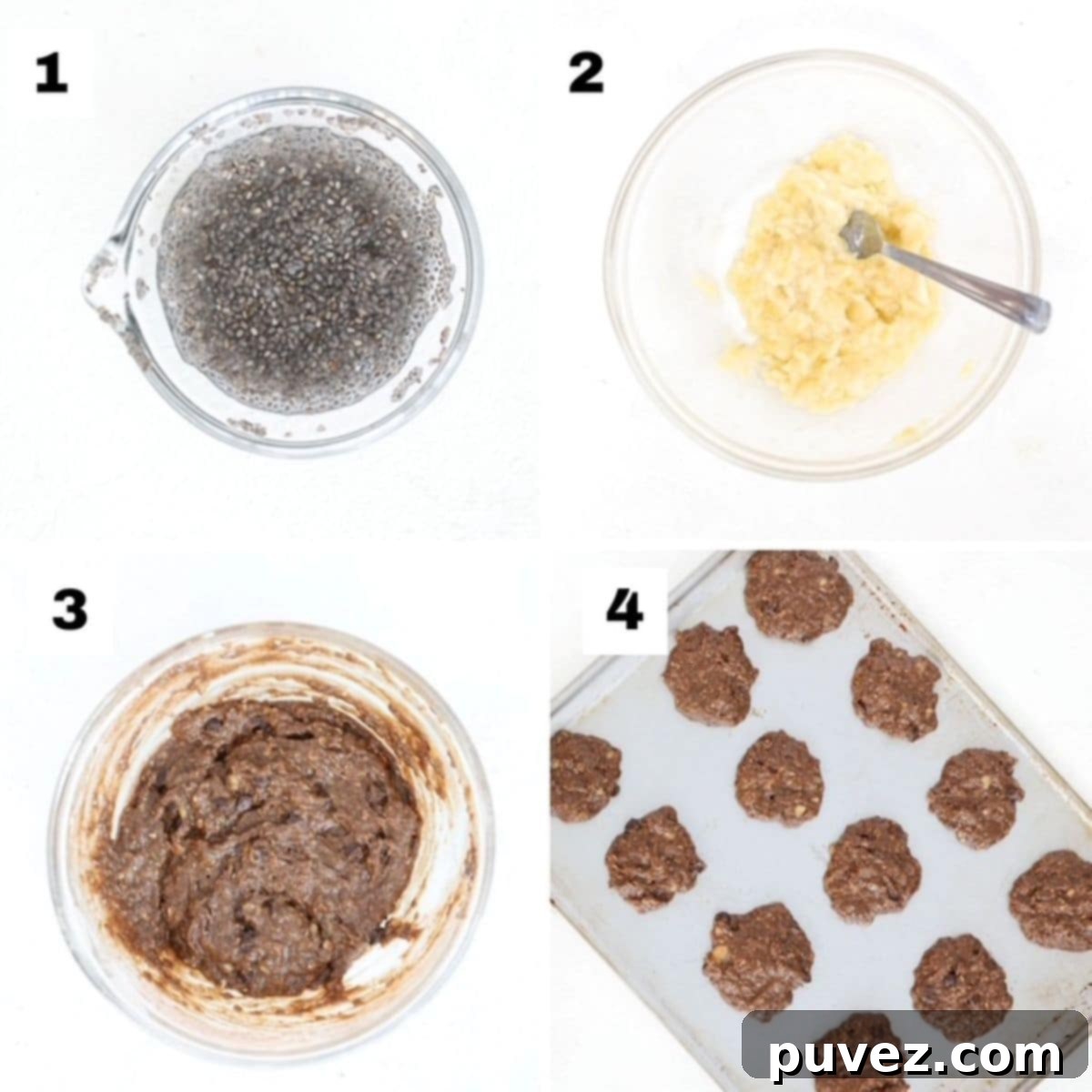 A visual guide with four numbered images demonstrating the process of making Banana Cocoa Cookies, from mixing ingredients to placing dough on a baking sheet.