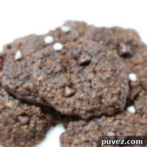 Double chocolate chip banana cookies on a white plate, a perfect healthy treat.