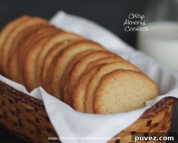 Close-up of golden brown crisp almond cookies arranged on a cooling rack
