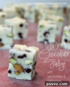 White Chocolate Fudge with Cranberries and Pistachios: Full of red and green color, perfect for the holidays!