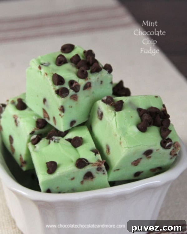 Homemade Mint Chocolate Chip Fudge: Creamy texture and vibrant green color