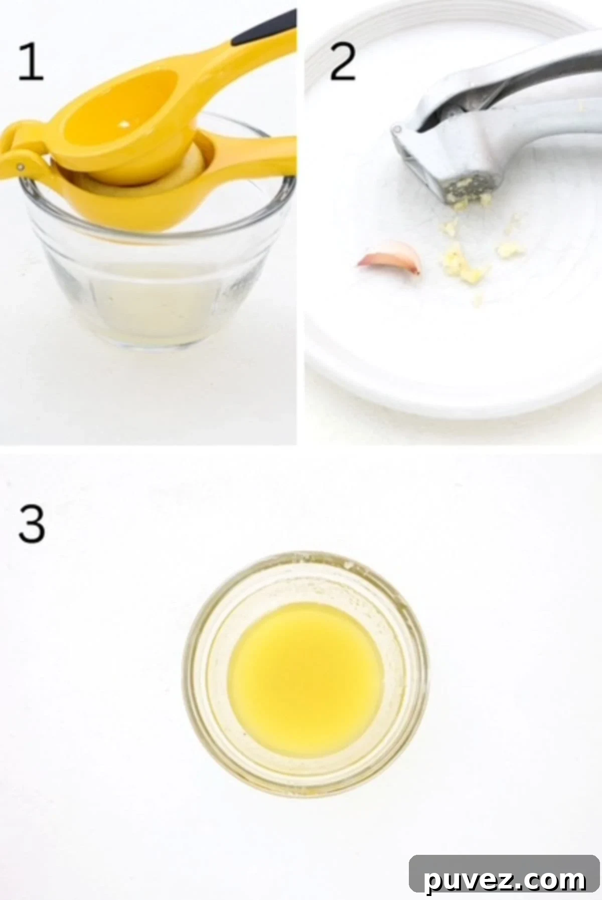 Three numbered images showing how to make a lemon garlic salad dressing using fresh lemon and freshly minced garlic.