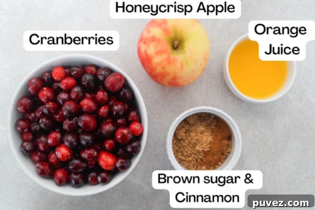 Cranberry sauce in a white bowl to the left, labeled. One Honeycrisp apple, orange juice in a small white prep bowl, and brown sugar with cinnamon in a separate white prep bowl to the right of the cranberry sauce. Each dish is labeled.
