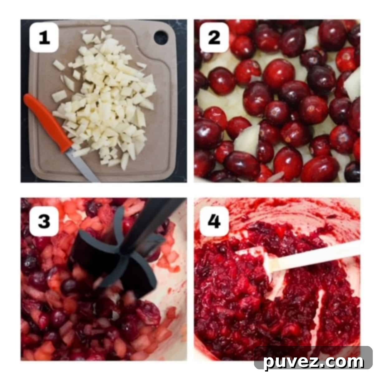 Four process shots: top left shows small apple pieces with a paring knife on a cutting board. Top right shows fresh cranberries on top of cooked apple pieces. Bottom left shows cooked apple pieces and cranberries being mashed with a food masher. Bottom right image shows finished cranberry sauce in a saucepan with a small white spatula.
