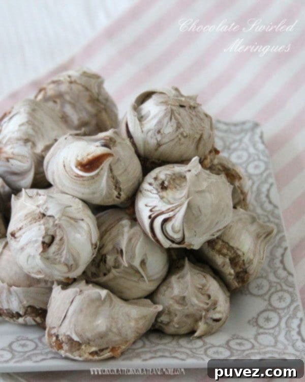 Delicious Chocolate Swirled Meringues with delicate chocolate streaks, perfect crispy cookies.