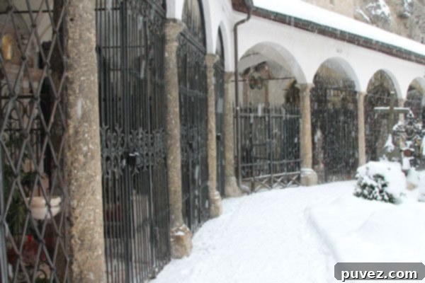 St. Peter's Abbey and Catacombs in Salzburg, Austria, nestled among snow-covered trees in winter.