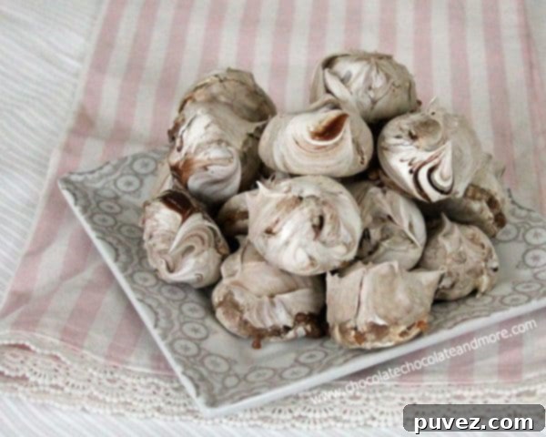 Close-up of a homemade Chocolate Swirled Meringue, perfectly crispy and sweet, inspired by European bakeries.