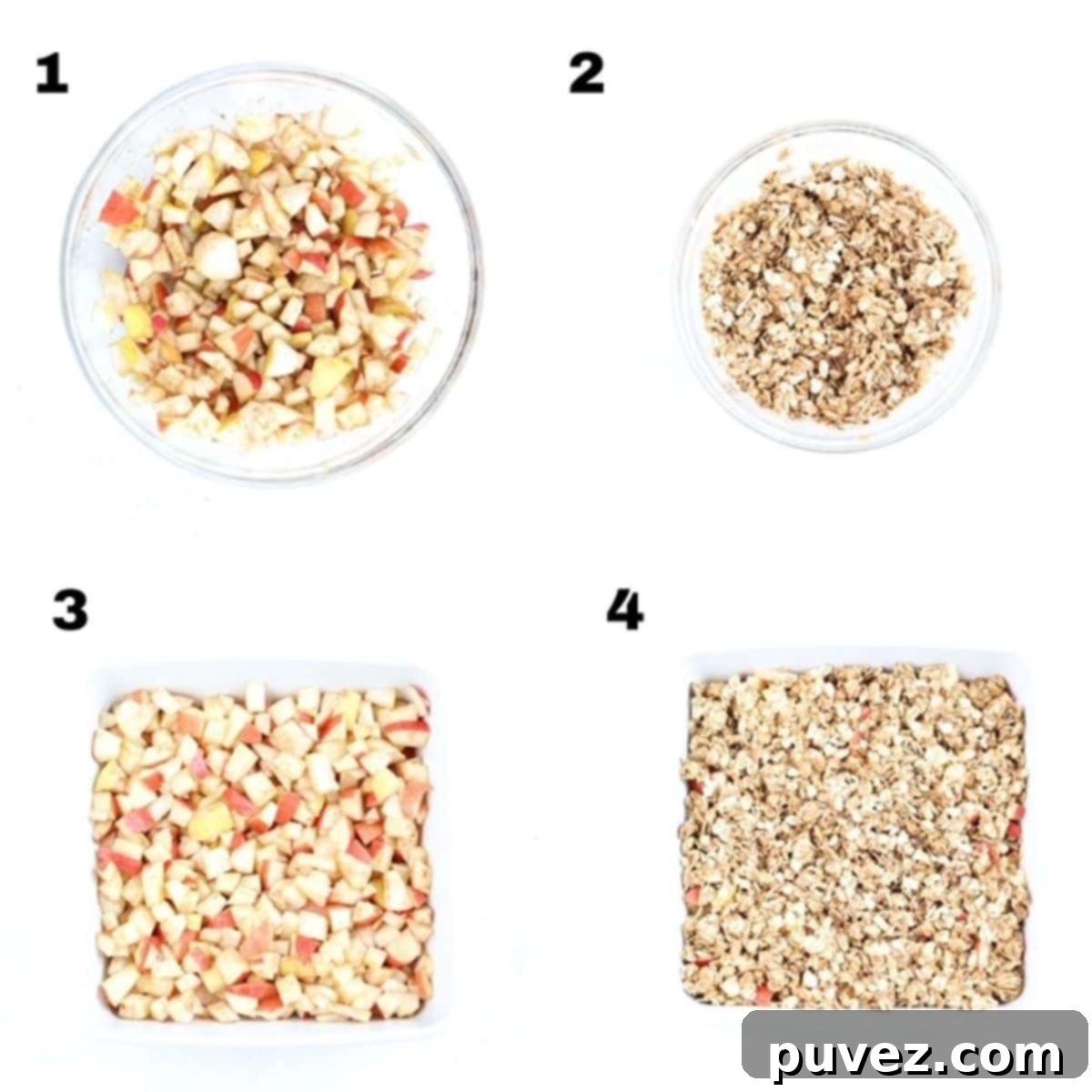 A four-panel collage showing the step-by-step process of preparing an apple and pear crumble recipe, from mixing fruit to adding topping and baking.