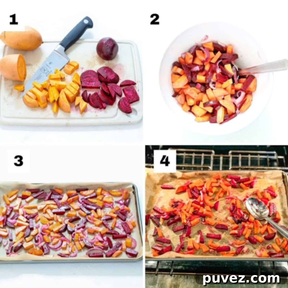 Four numbered images demonstrating the steps to prepare roasted beets and sweet potatoes: cutting vegetables, mixing in a bowl, spreading on a baking sheet, and roasting in the oven.