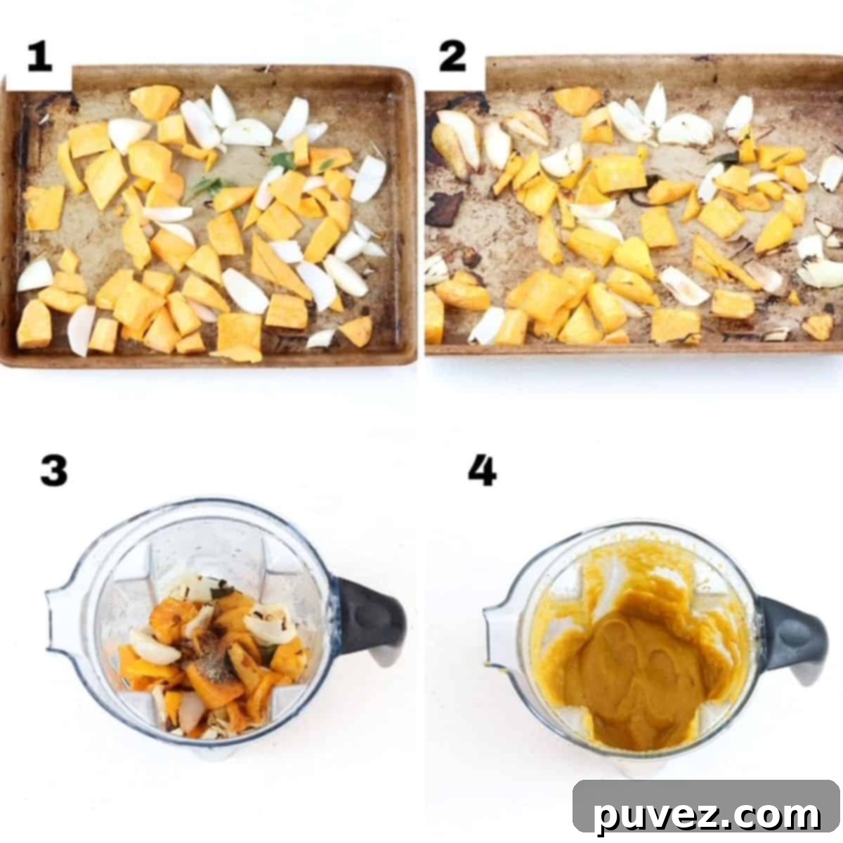 Four numbered images showing how to make butternut squash pasta sauce.