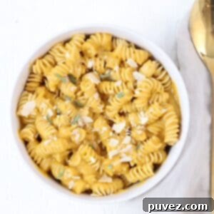 A bowl of pasta with butternut squash pasta sauce with a golden spoon to the right of the bowl.