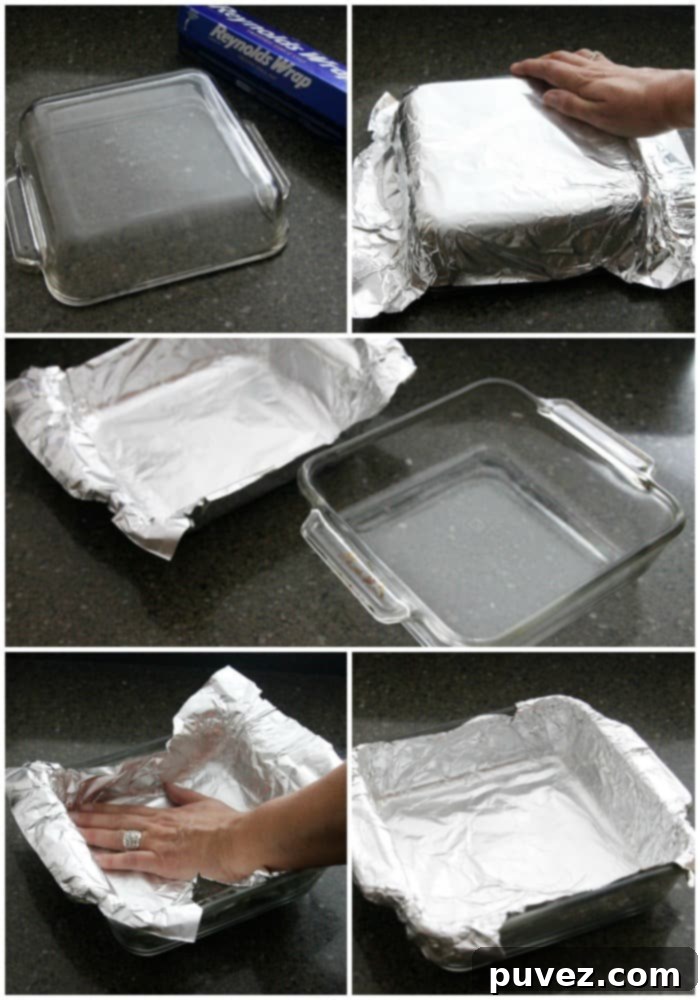 Step-by-step image demonstrating the easy technique for lining a baking pan with aluminum foil for cheesecake bars.