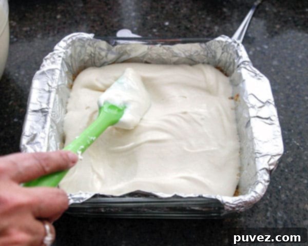 Smooth, creamy cheesecake filling poured evenly over the graham cracker crust in a baking dish, ready for baking.