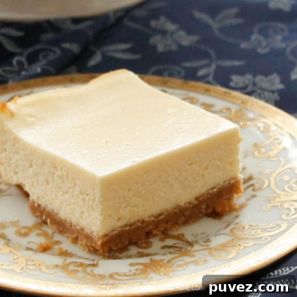 A single Classic Cheesecake Bar, sliced to show the thick, creamy filling and crunchy graham cracker base.