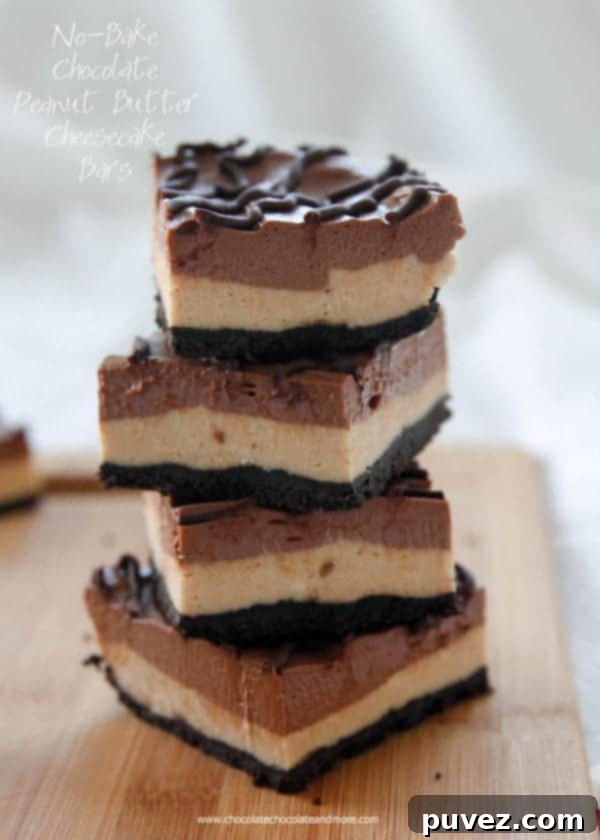 No Bake Chocolate Peanut Butter Cheesecake Bars collage image