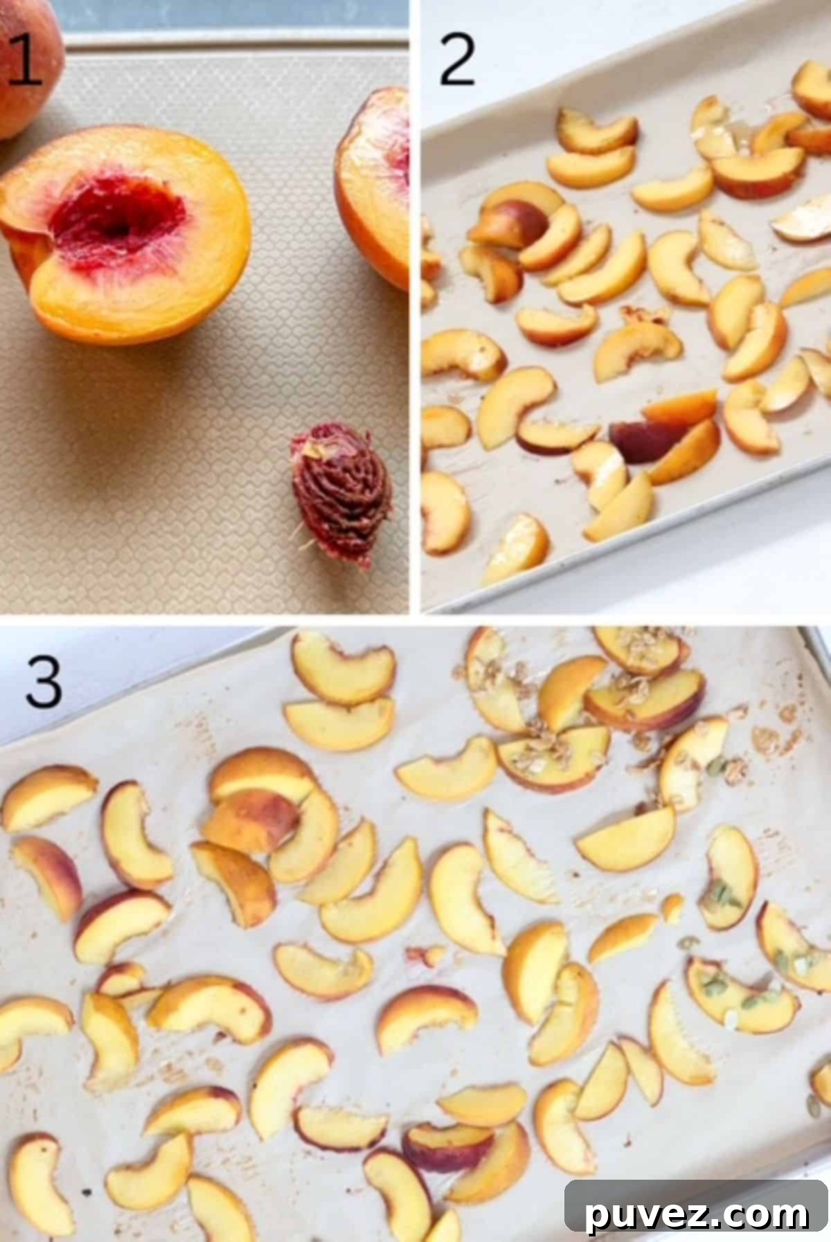 Three numbered images showing how to prepare peaches for roasting, from slicing to arranging on a baking sheet.