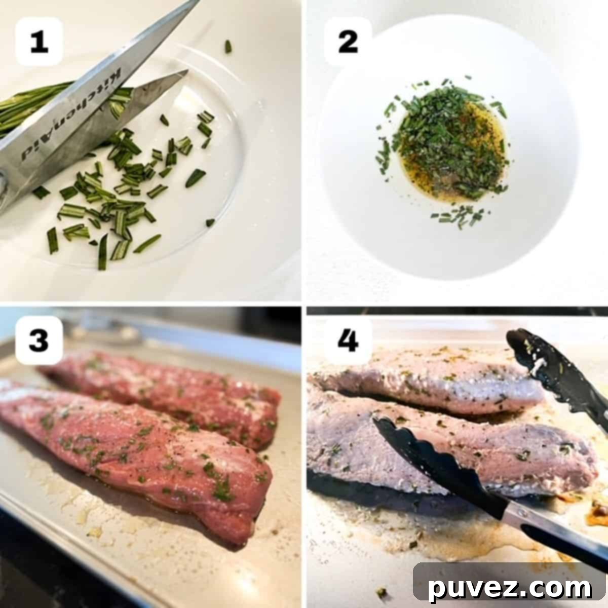 Four images showing steps on how to make pork tenderloin in the oven.