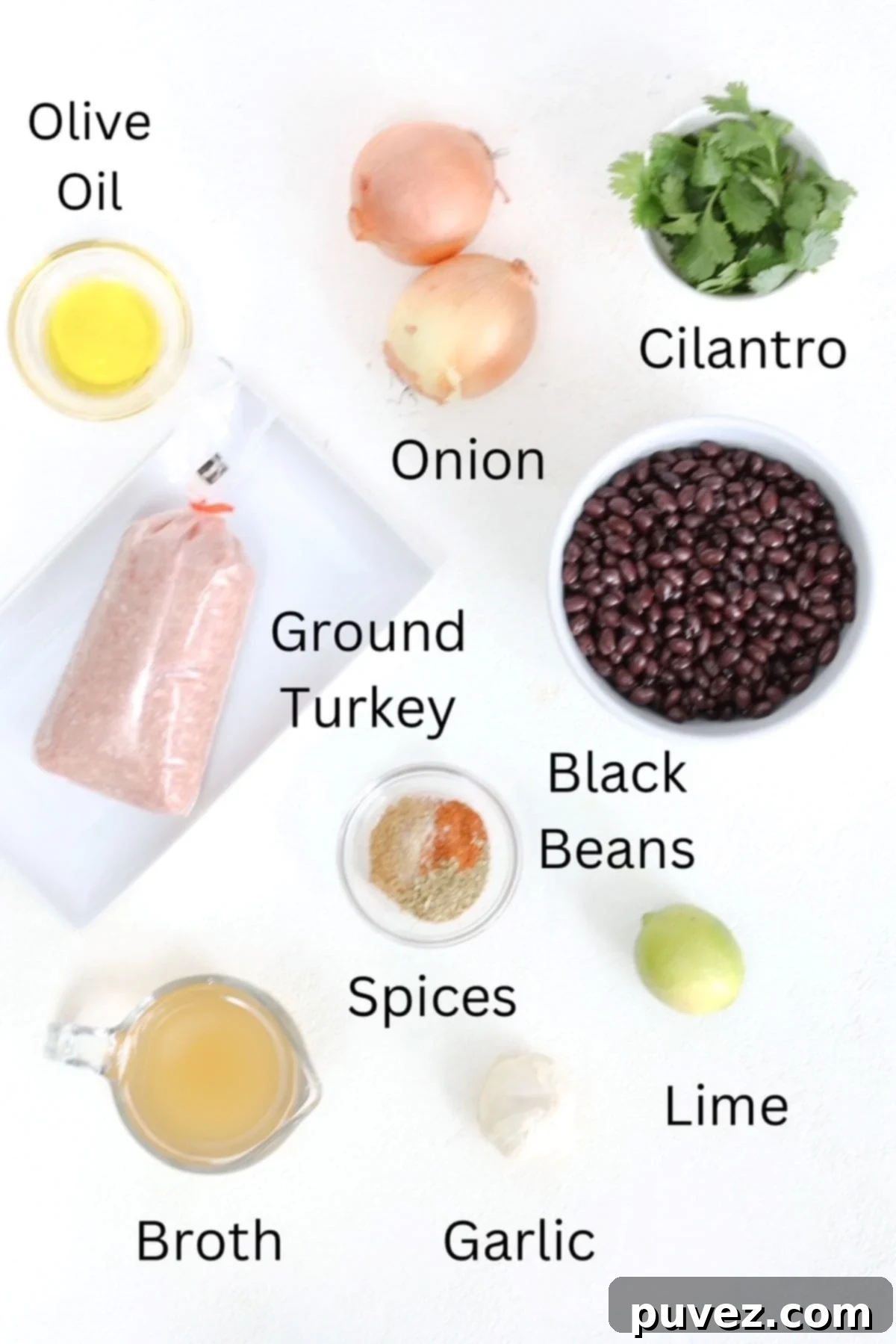 Ingredients needed to make Chili with Turkey and Black Beans, labeled.