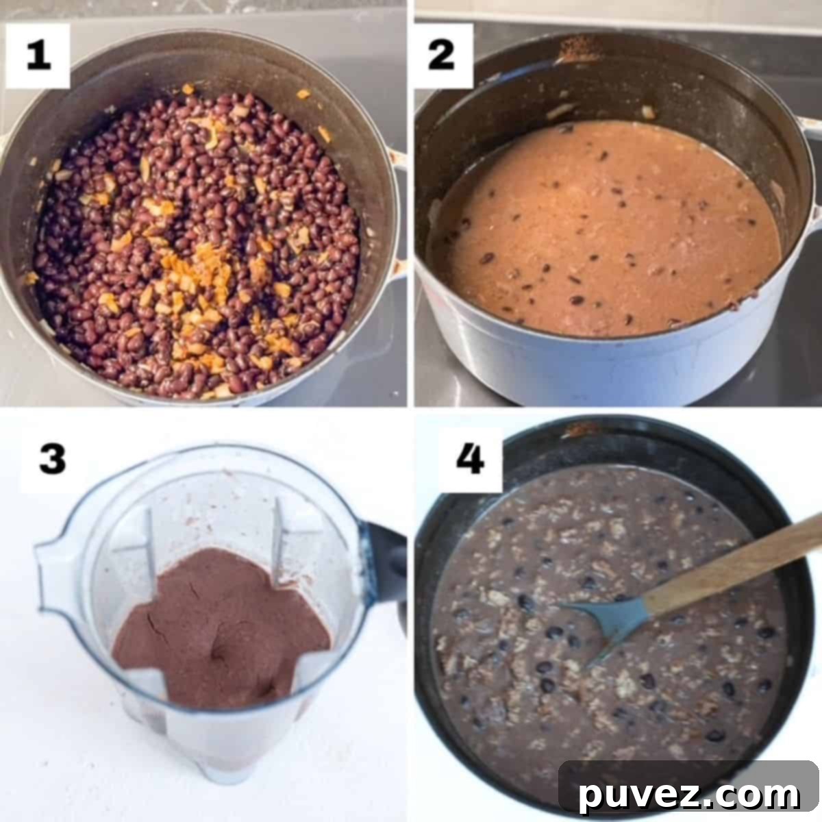 Four numbered images showing how to make turkey chili with black beans.