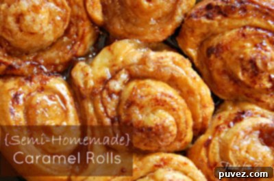 Delicious Semi-Homemade Caramel Rolls, golden brown and drizzled with sweet caramel sauce