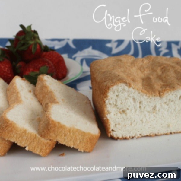 Vanilla Angel Food Cake baked in a loaf pan, a small batch recipe, perfect with berries